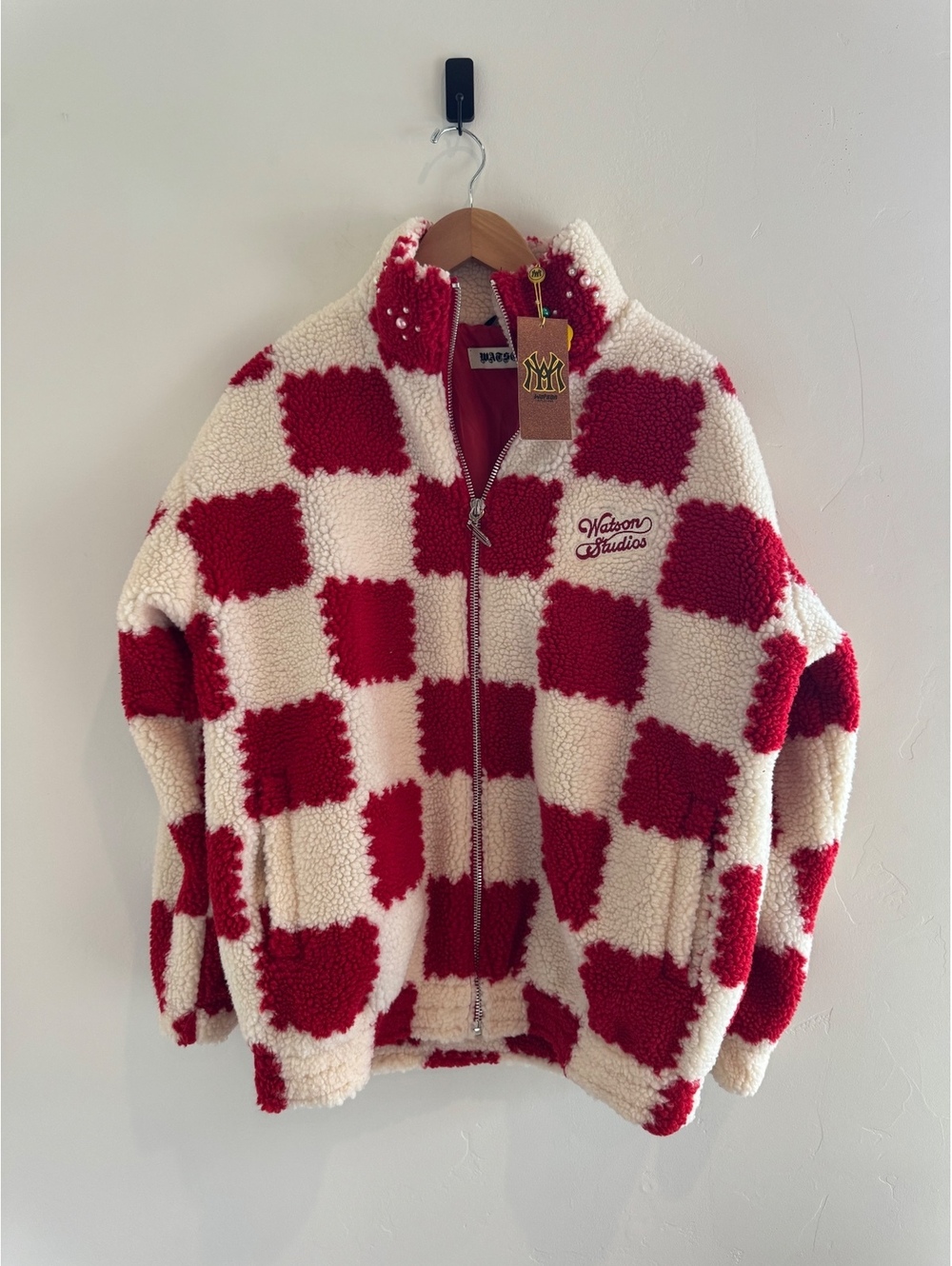 Watson Studios Red & Cream Checkerboard Sherpa Jacket Size Small NWT